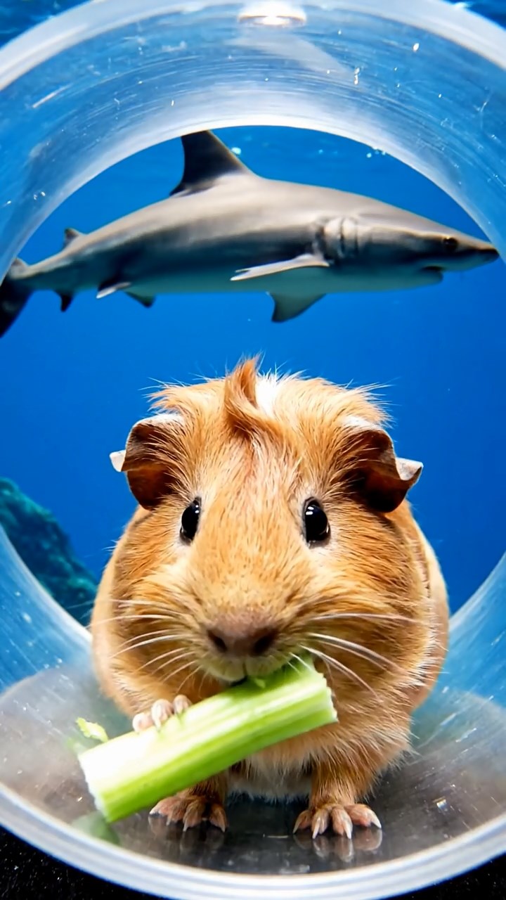 537. Detailed photo of 2 smooth-haired American guinea pigs with Fawn and Sable fur, dressed as bakers in tiny aprons, baking muffins in a guinea pig bakery with hay ovens and wooden counters, under soft lamplight, creating a realistic, cozy culinary scene.