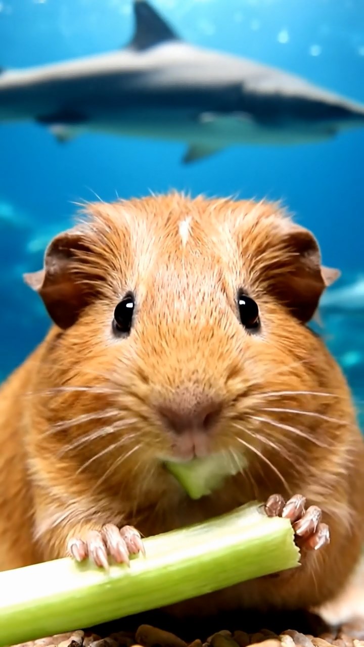 537. Detailed photo of 2 smooth-haired American guinea pigs with Fawn and Sable fur, dressed as bakers in tiny aprons, baking muffins in a guinea pig bakery with hay ovens and wooden counters, under soft lamplight, creating a realistic, cozy culinary scene.