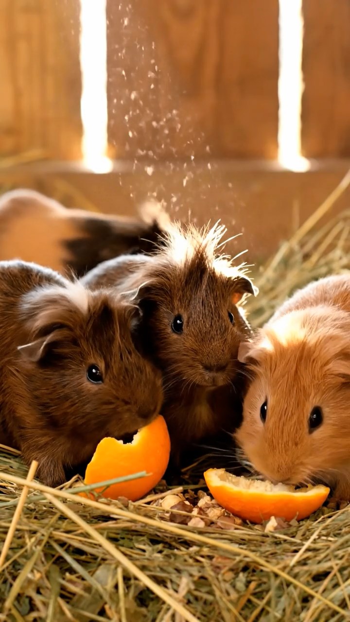 538. Photorealistic scene of 3 smooth-haired Teddy guinea pigs with Chocolate, Cinnamon, and Gray fur, climbing small rocks in a forested glade with soft moss and scattered leaves, under dappled sunlight, enhancing the authentic, adventurous atmosphere.