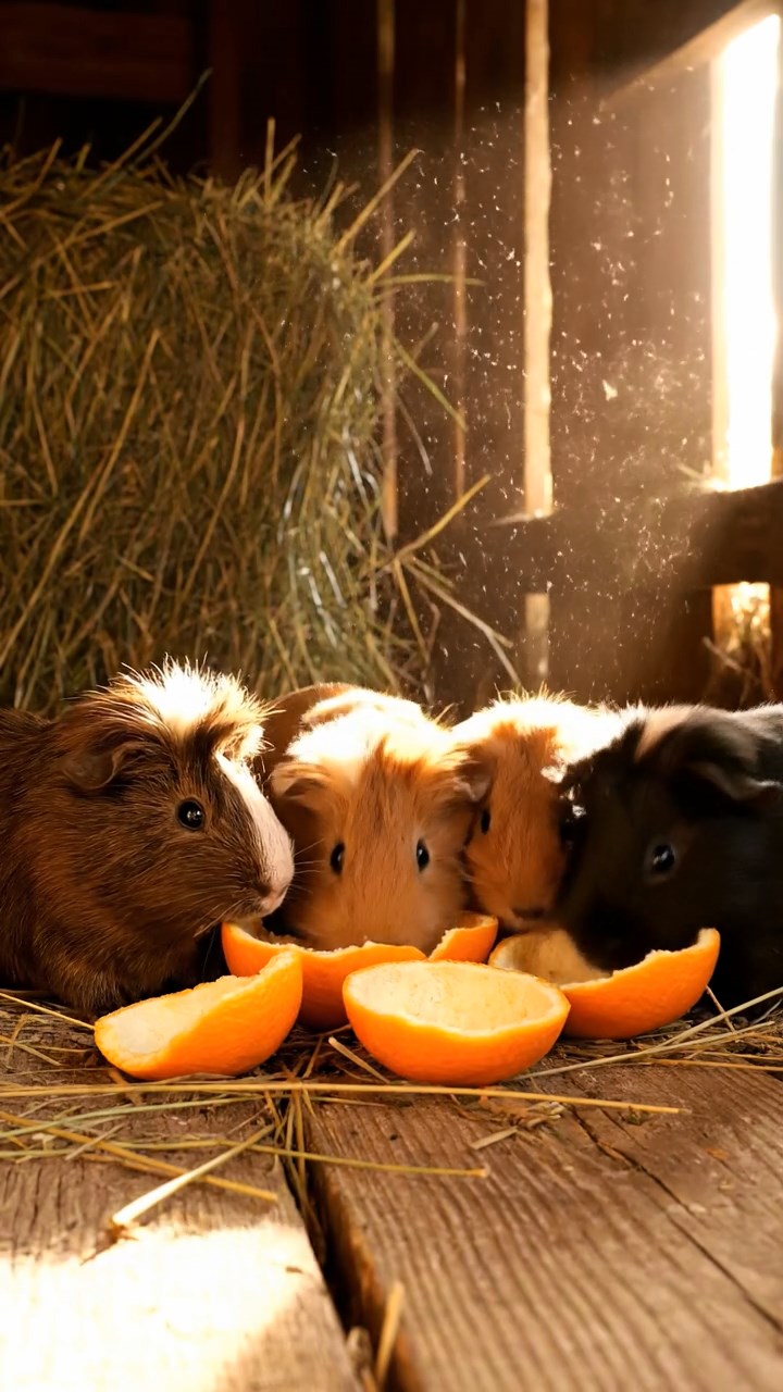 538. Photorealistic scene of 3 smooth-haired Teddy guinea pigs with Chocolate, Cinnamon, and Gray fur, climbing small rocks in a forested glade with soft moss and scattered leaves, under dappled sunlight, enhancing the authentic, adventurous atmosphere.