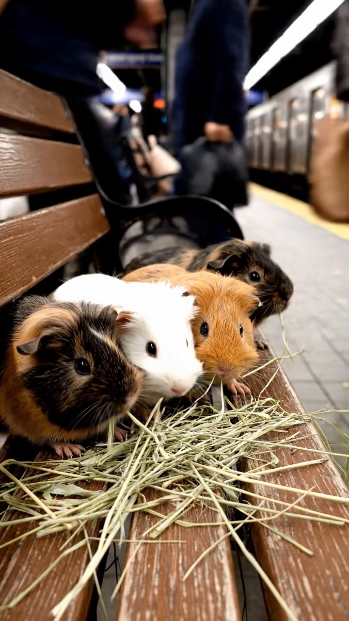 543. Highly detailed view of 3 smooth-haired Himalayan guinea pigs with Gray, Cream, and Brown fur, mating in a secluded grassy clearing surrounded by tall ferns and soft moss, under gentle morning light, creating a realistic, intimate natural scene.