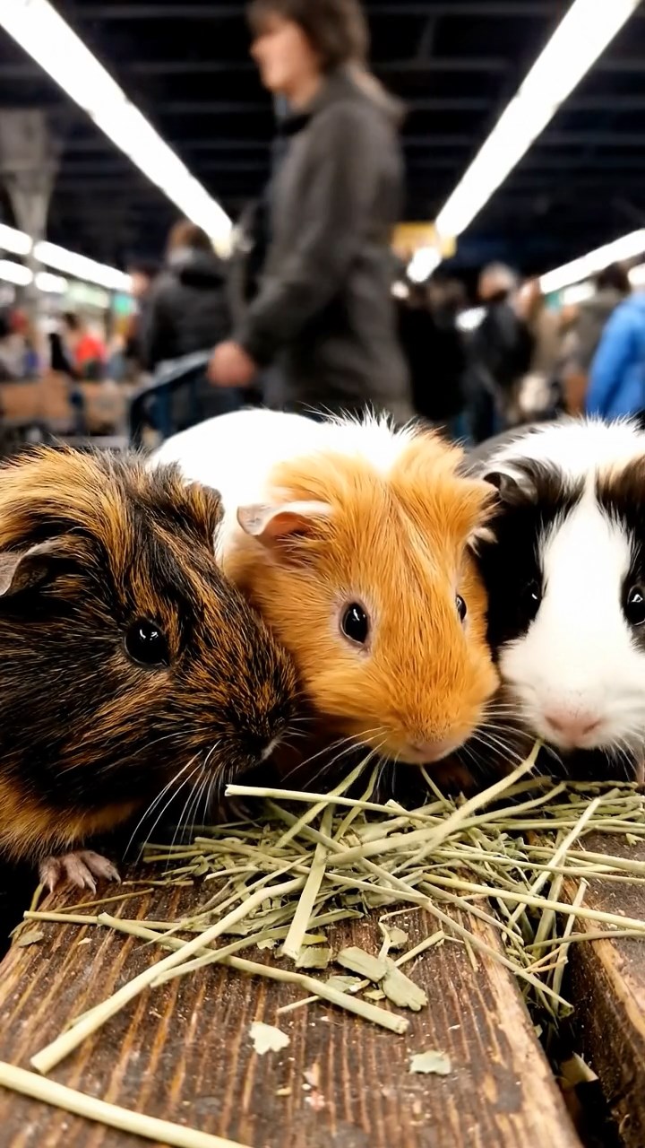 543. Highly detailed view of 3 smooth-haired Himalayan guinea pigs with Gray, Cream, and Brown fur, mating in a secluded grassy clearing surrounded by tall ferns and soft moss, under gentle morning light, creating a realistic, intimate natural scene.