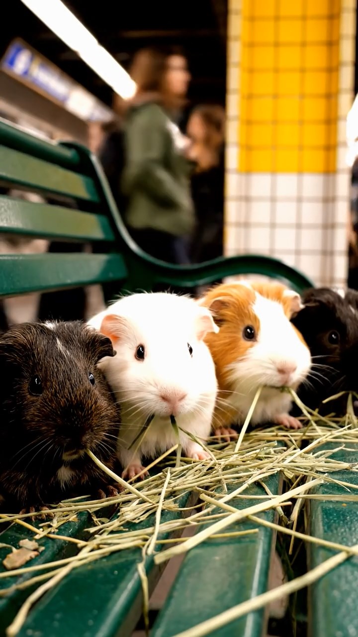 543. Highly detailed view of 3 smooth-haired Himalayan guinea pigs with Gray, Cream, and Brown fur, mating in a secluded grassy clearing surrounded by tall ferns and soft moss, under gentle morning light, creating a realistic, intimate natural scene.