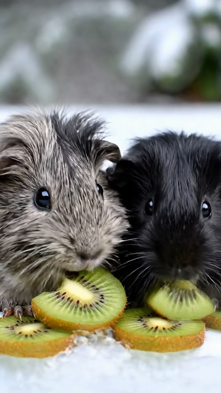 544. Realistic scene of 4 smooth-haired Californian guinea pigs with Fawn, Chocolate, Cinnamon, and Sable fur, dressed as firefighters in tiny uniforms, practicing drills in a guinea pig village with hay houses, under glowing streetlights, capturing a heroic, lifelike moment.