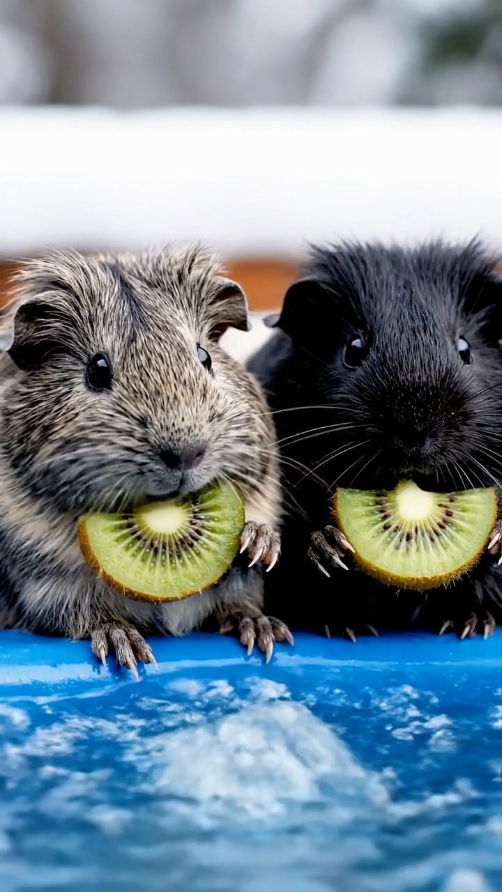 544. Realistic scene of 4 smooth-haired Californian guinea pigs with Fawn, Chocolate, Cinnamon, and Sable fur, dressed as firefighters in tiny uniforms, practicing drills in a guinea pig village with hay houses, under glowing streetlights, capturing a heroic, lifelike moment.