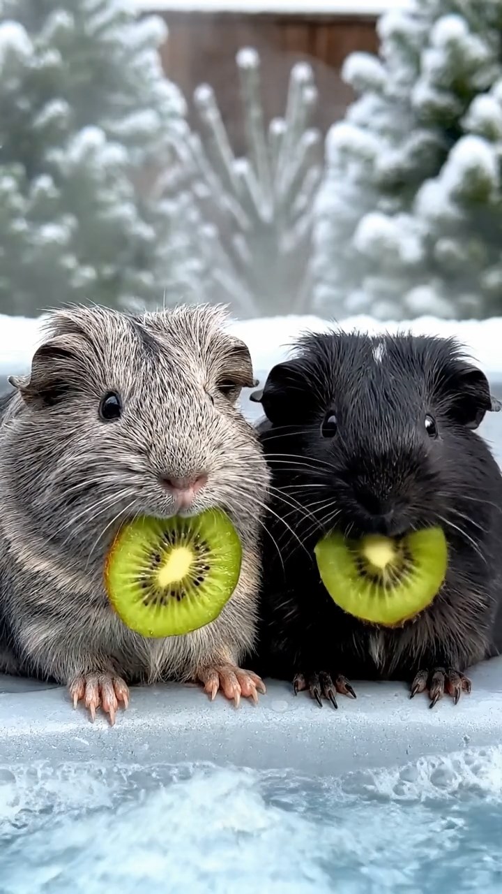 544. Realistic scene of 4 smooth-haired Californian guinea pigs with Fawn, Chocolate, Cinnamon, and Sable fur, dressed as firefighters in tiny uniforms, practicing drills in a guinea pig village with hay houses, under glowing streetlights, capturing a heroic, lifelike moment.