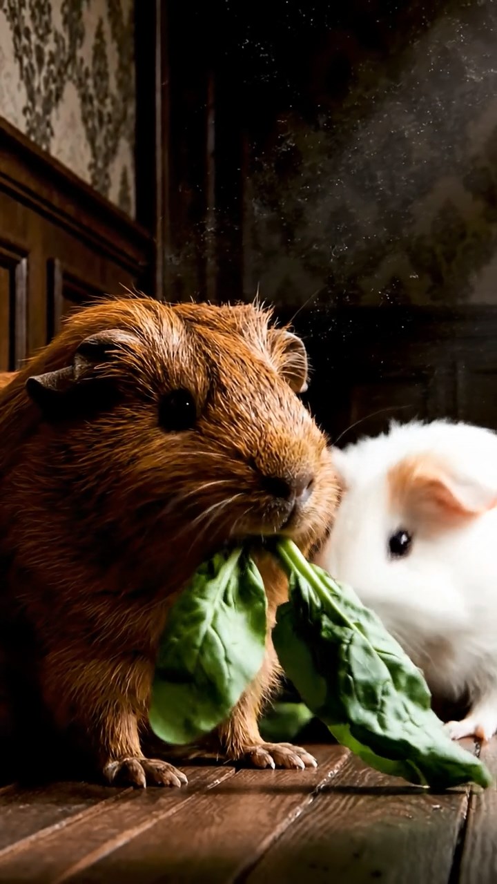 545. Detailed photo of 5 smooth-haired American guinea pigs with White, Orange, Gray, Black, and Brown fur, foraging for clover in a lush meadow with wildflowers and a trickling stream, under soft morning light, creating a realistic, serene pastoral scene.
