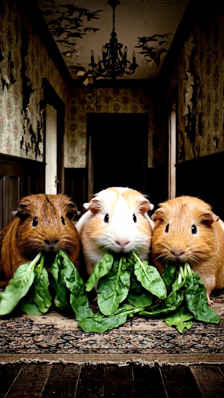 545. Detailed photo of 5 smooth-haired American guinea pigs with White, Orange, Gray, Black, and Brown fur, foraging for clover in a lush meadow with wildflowers and a trickling stream, under soft morning light, creating a realistic, serene pastoral scene.