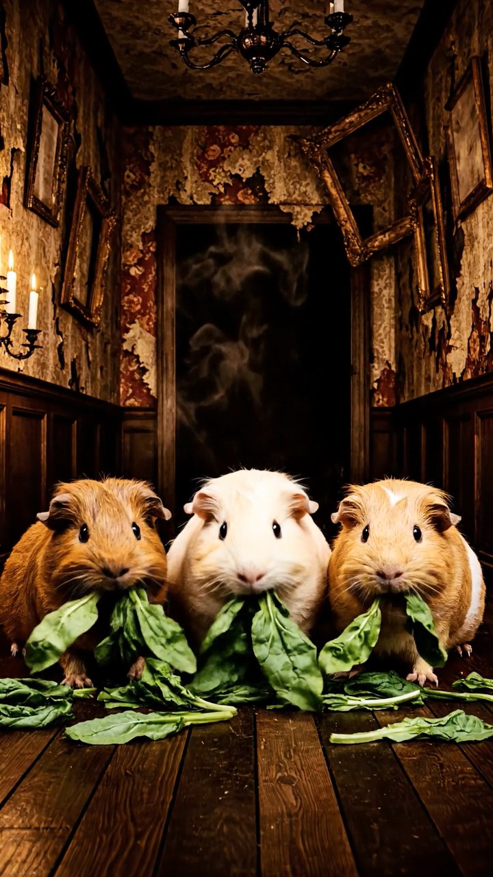 545. Detailed photo of 5 smooth-haired American guinea pigs with White, Orange, Gray, Black, and Brown fur, foraging for clover in a lush meadow with wildflowers and a trickling stream, under soft morning light, creating a realistic, serene pastoral scene.