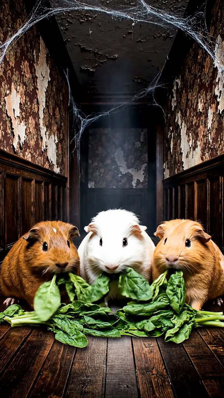 545. Detailed photo of 5 smooth-haired American guinea pigs with White, Orange, Gray, Black, and Brown fur, foraging for clover in a lush meadow with wildflowers and a trickling stream, under soft morning light, creating a realistic, serene pastoral scene.