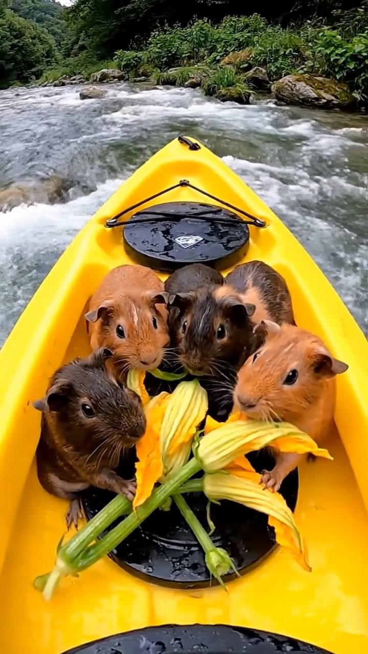 546. Photorealistic scene of 1 smooth-haired Teddy guinea pig with Cream fur, drinking from a clear stream, on a forested slope with pine needles and moss, under dappled sunlight, capturing a serene, lifelike moment of natural hydration.