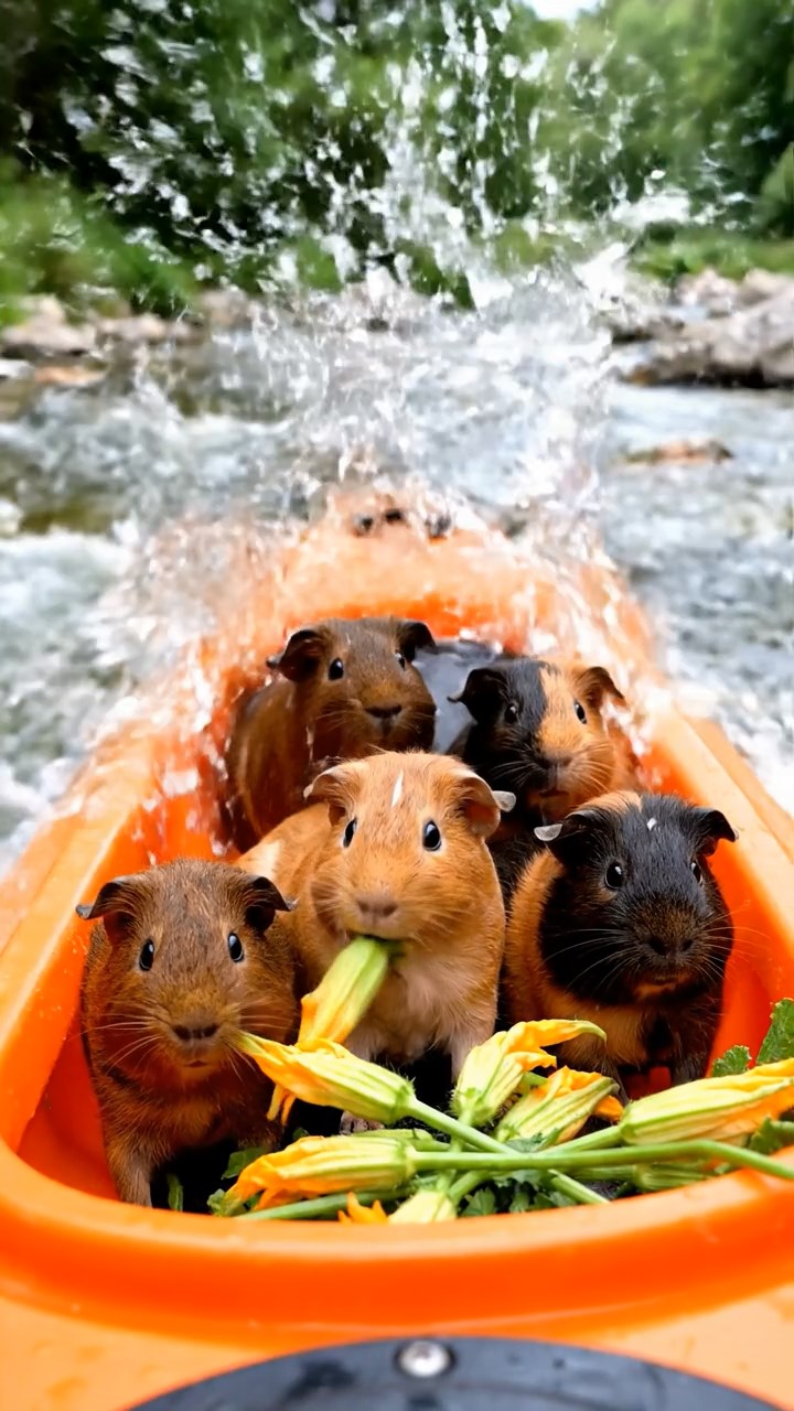 546. Photorealistic scene of 1 smooth-haired Teddy guinea pig with Cream fur, drinking from a clear stream, on a forested slope with pine needles and moss, under dappled sunlight, capturing a serene, lifelike moment of natural hydration.