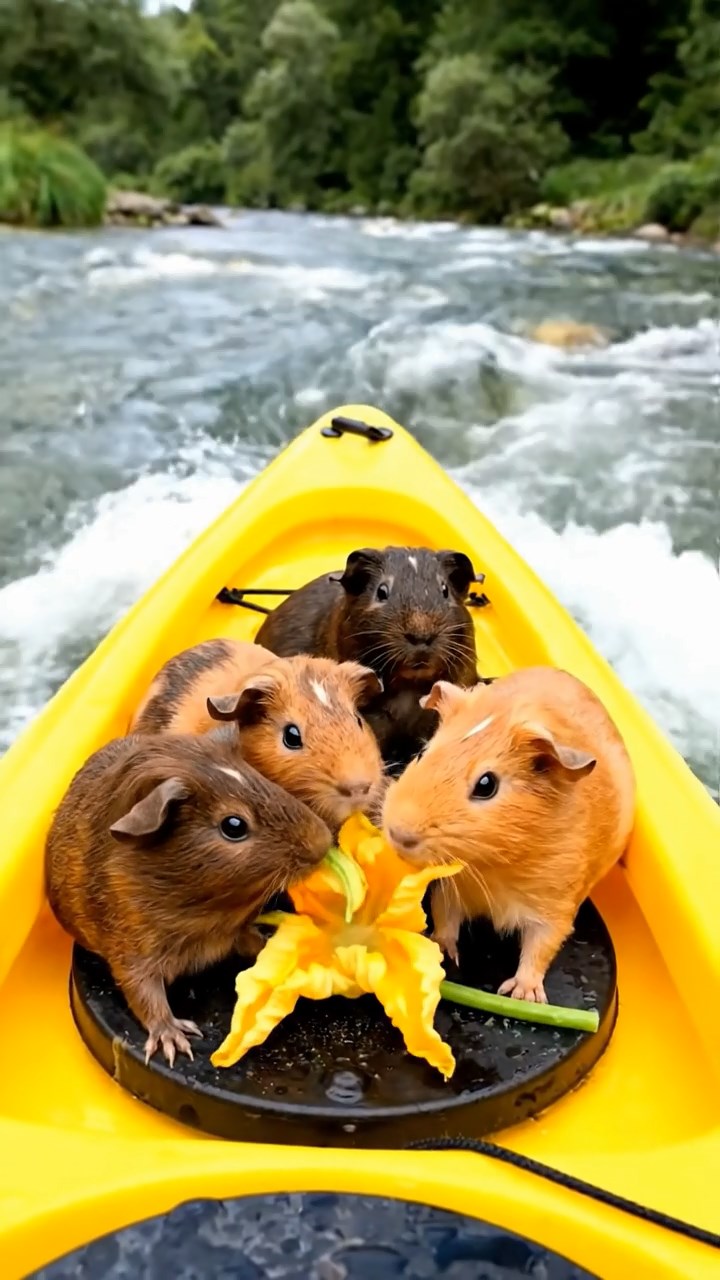 546. Photorealistic scene of 1 smooth-haired Teddy guinea pig with Cream fur, drinking from a clear stream, on a forested slope with pine needles and moss, under dappled sunlight, capturing a serene, lifelike moment of natural hydration.