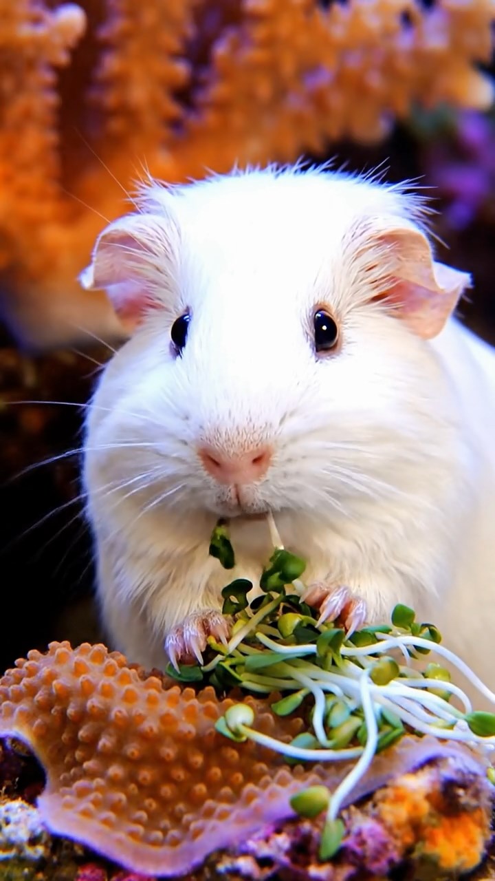 547. Highly detailed view of 2 smooth-haired Himalayan guinea pigs with Fawn and Sable fur, dressed as musicians in tiny vests, playing miniature guitars in a guinea pig concert hall with hay seats and velvet curtains, under warm spotlights, creating a realistic, elegant scene.