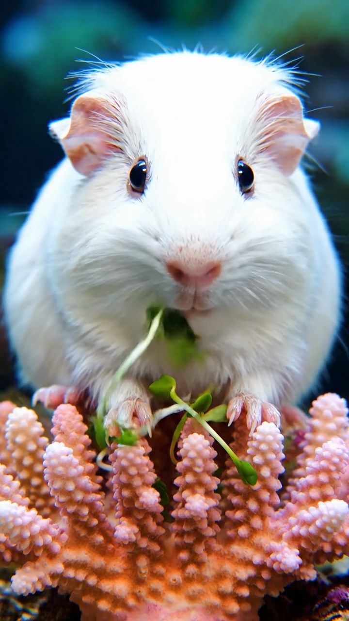 547. Highly detailed view of 2 smooth-haired Himalayan guinea pigs with Fawn and Sable fur, dressed as musicians in tiny vests, playing miniature guitars in a guinea pig concert hall with hay seats and velvet curtains, under warm spotlights, creating a realistic, elegant scene.