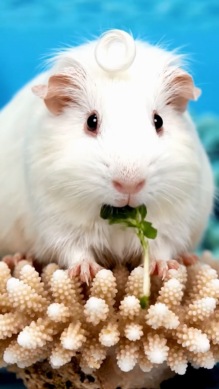 547. Highly detailed view of 2 smooth-haired Himalayan guinea pigs with Fawn and Sable fur, dressed as musicians in tiny vests, playing miniature guitars in a guinea pig concert hall with hay seats and velvet curtains, under warm spotlights, creating a realistic, elegant scene.