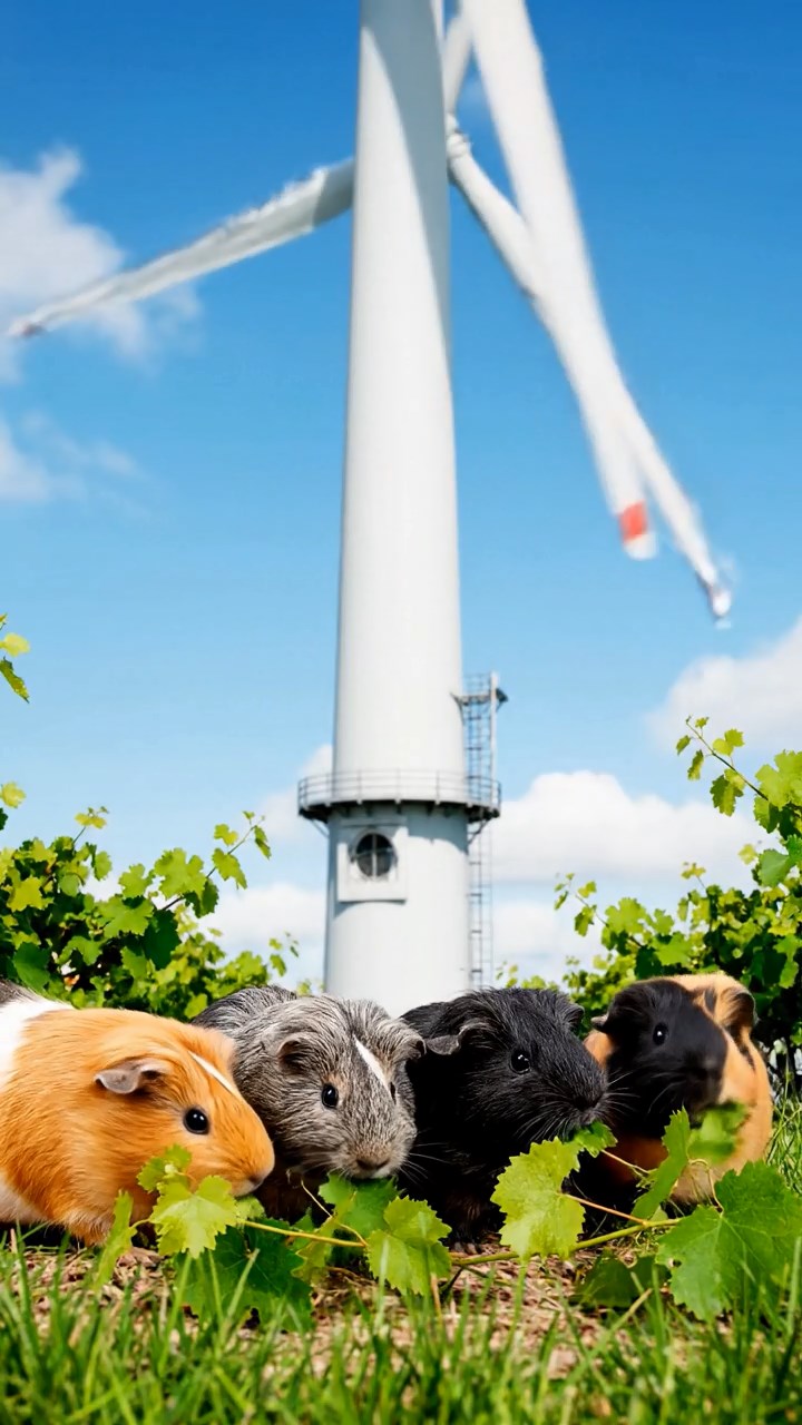 548. Realistic scene of 3 smooth-haired Californian guinea pigs with Chocolate, Cinnamon, and Gray fur, grooming each other in a lush meadow with scattered wildflowers and a babbling brook, under golden sunlight, enhancing the authentic, social atmosphere.