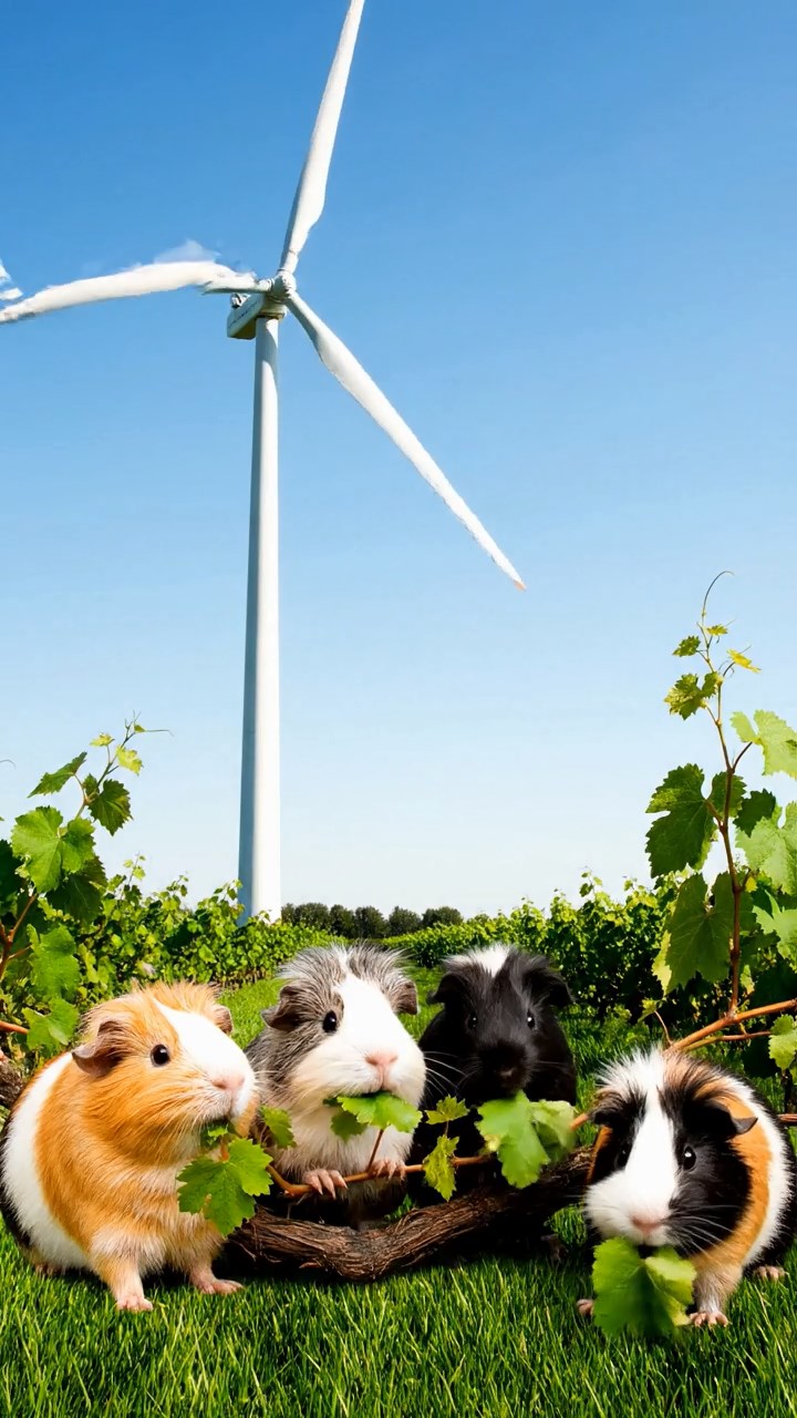 548. Realistic scene of 3 smooth-haired Californian guinea pigs with Chocolate, Cinnamon, and Gray fur, grooming each other in a lush meadow with scattered wildflowers and a babbling brook, under golden sunlight, enhancing the authentic, social atmosphere.