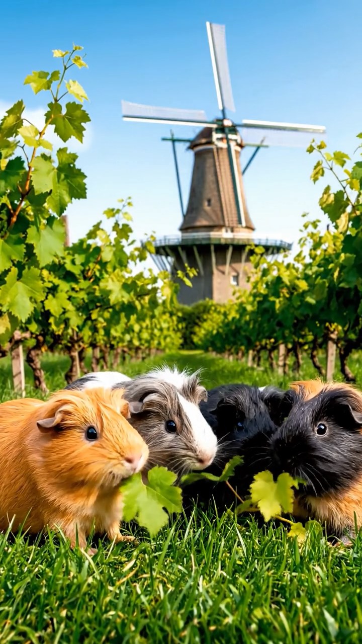 548. Realistic scene of 3 smooth-haired Californian guinea pigs with Chocolate, Cinnamon, and Gray fur, grooming each other in a lush meadow with scattered wildflowers and a babbling brook, under golden sunlight, enhancing the authentic, social atmosphere.