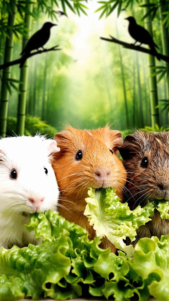 550. Photorealistic scene of 5 smooth-haired Teddy guinea pigs with Cream, Fawn, Sable, Gray, and Cinnamon fur, play-fighting in a grassy clearing with soft moss and scattered twigs, under gentle morning light, capturing a realistic, playful woodland moment.