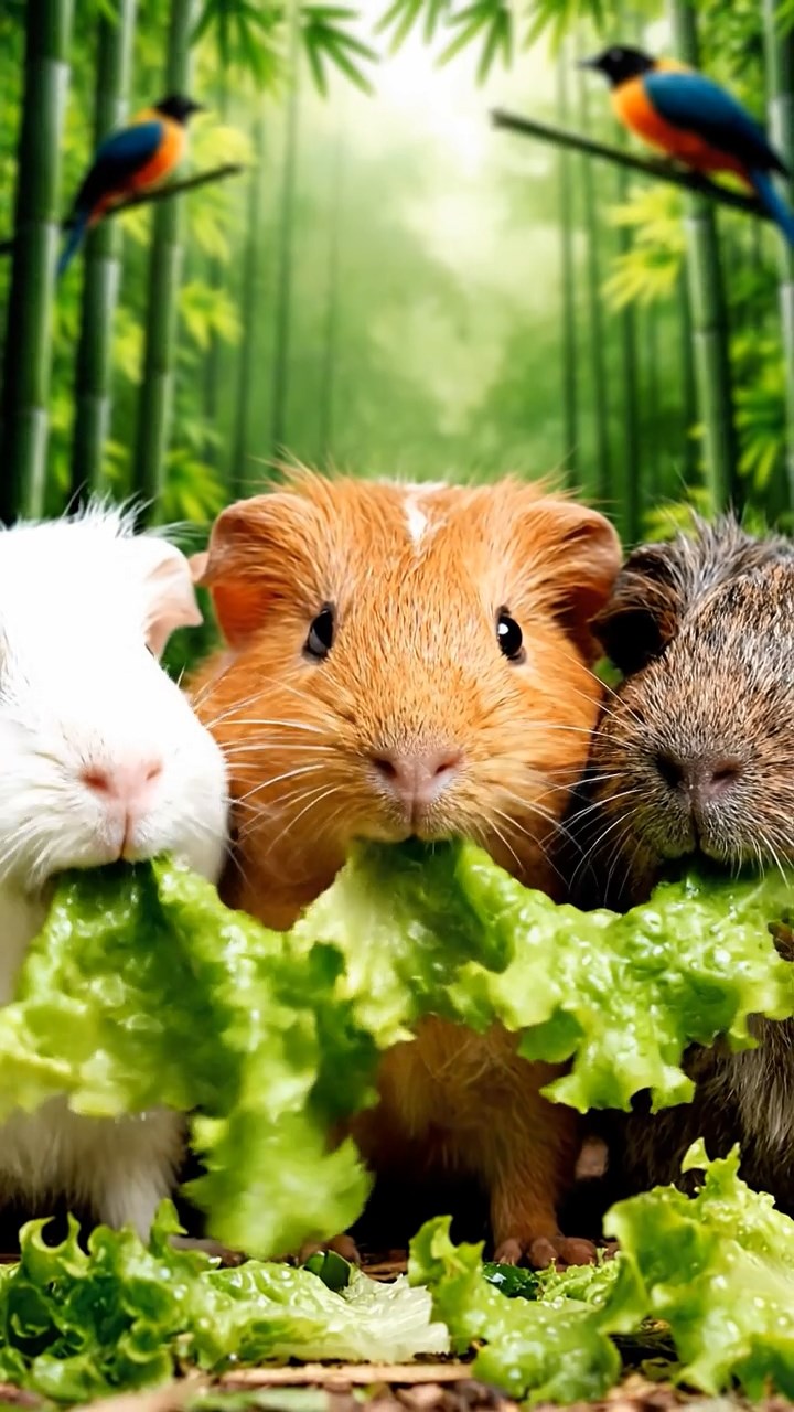 550. Photorealistic scene of 5 smooth-haired Teddy guinea pigs with Cream, Fawn, Sable, Gray, and Cinnamon fur, play-fighting in a grassy clearing with soft moss and scattered twigs, under gentle morning light, capturing a realistic, playful woodland moment.