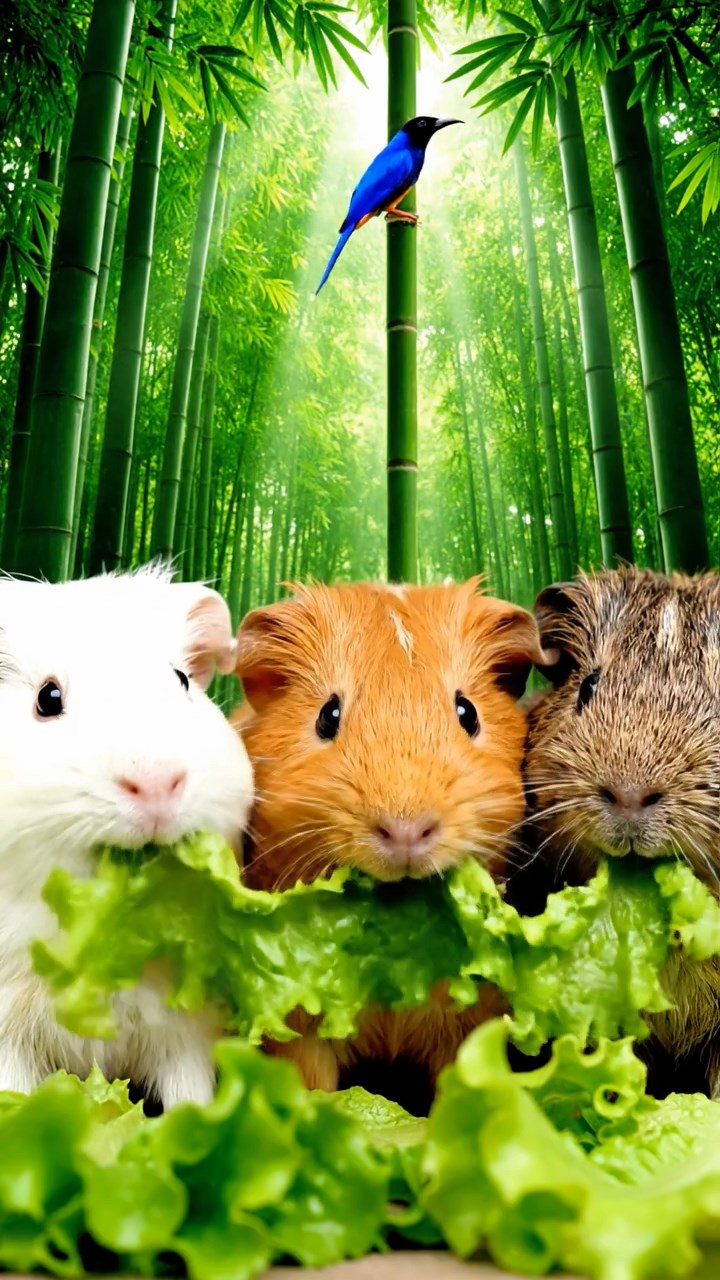 550. Photorealistic scene of 5 smooth-haired Teddy guinea pigs with Cream, Fawn, Sable, Gray, and Cinnamon fur, play-fighting in a grassy clearing with soft moss and scattered twigs, under gentle morning light, capturing a realistic, playful woodland moment.