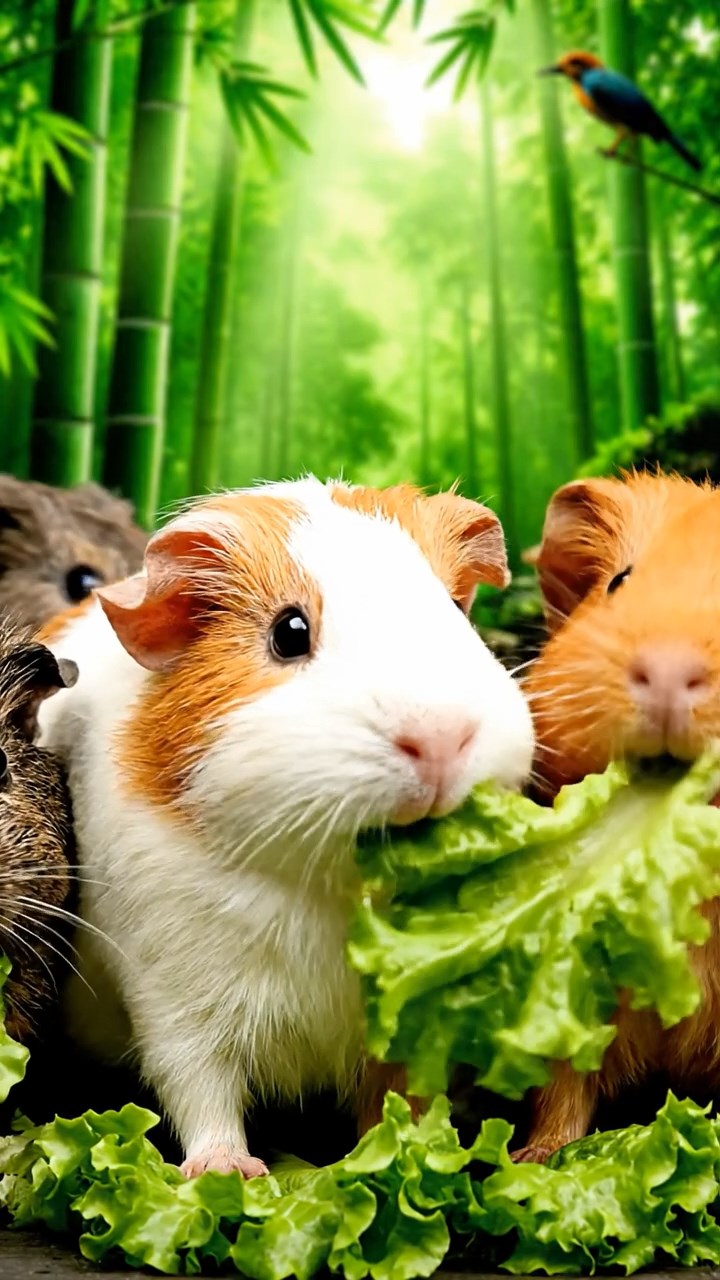 550. Photorealistic scene of 5 smooth-haired Teddy guinea pigs with Cream, Fawn, Sable, Gray, and Cinnamon fur, play-fighting in a grassy clearing with soft moss and scattered twigs, under gentle morning light, capturing a realistic, playful woodland moment.