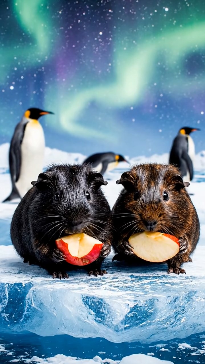 551. Highly detailed view of 1 smooth-haired Himalayan guinea pig with White fur, munching on bell peppers, in a vibrant vegetable garden with rows of tomatoes and lettuce, under bright sunlight, creating a realistic, colorful rural scene.
