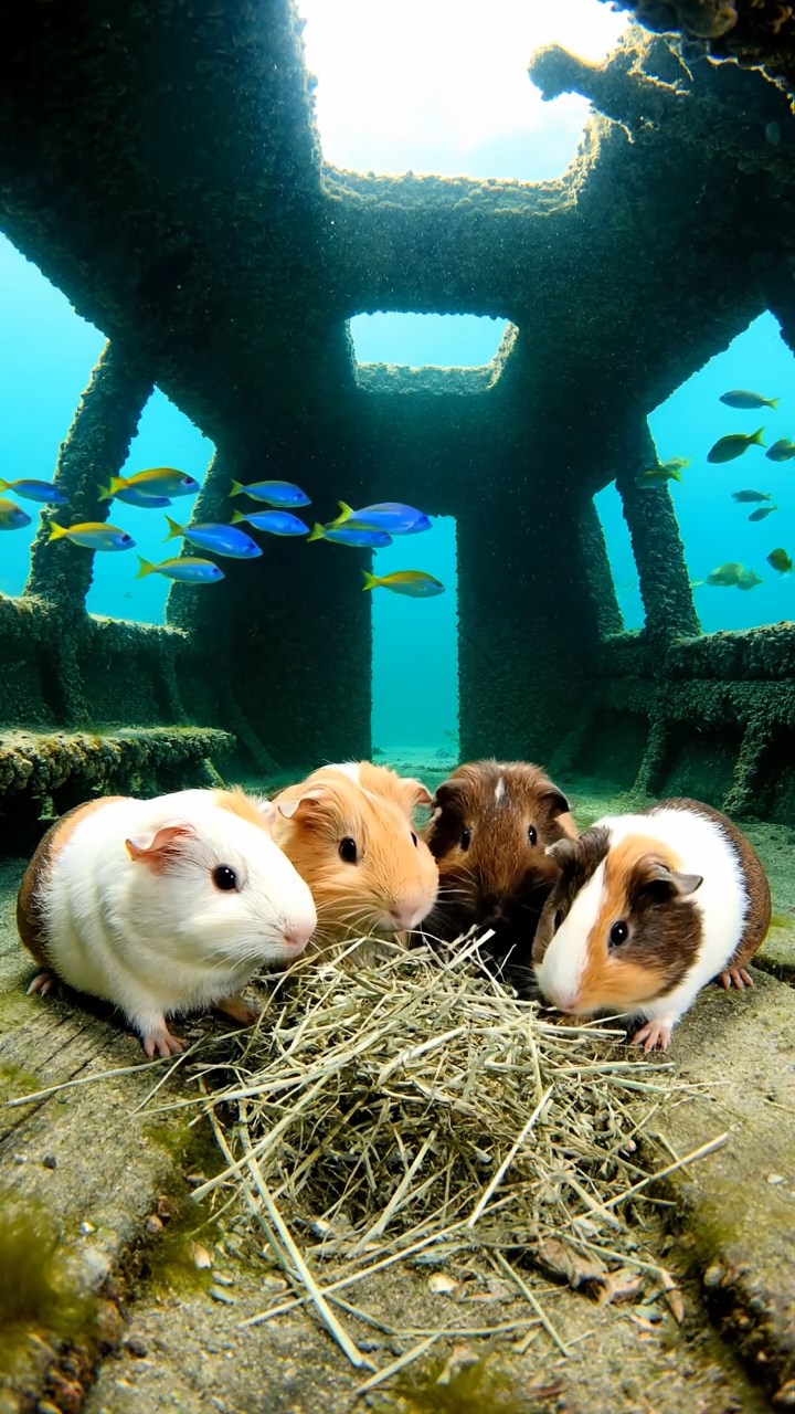 552. Realistic scene of 2 smooth-haired Californian guinea pigs with Orange and Black fur, dressed as tailors in tiny vests, sewing miniature vests in a guinea pig atelier with colorful fabrics and hay mannequins, under warm lamplight, enhancing the lifelike, creative atmosphere.