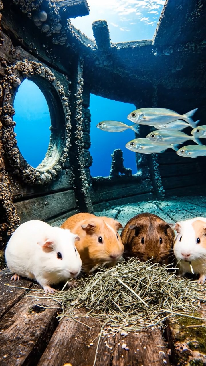 552. Realistic scene of 2 smooth-haired Californian guinea pigs with Orange and Black fur, dressed as tailors in tiny vests, sewing miniature vests in a guinea pig atelier with colorful fabrics and hay mannequins, under warm lamplight, enhancing the lifelike, creative atmosphere.