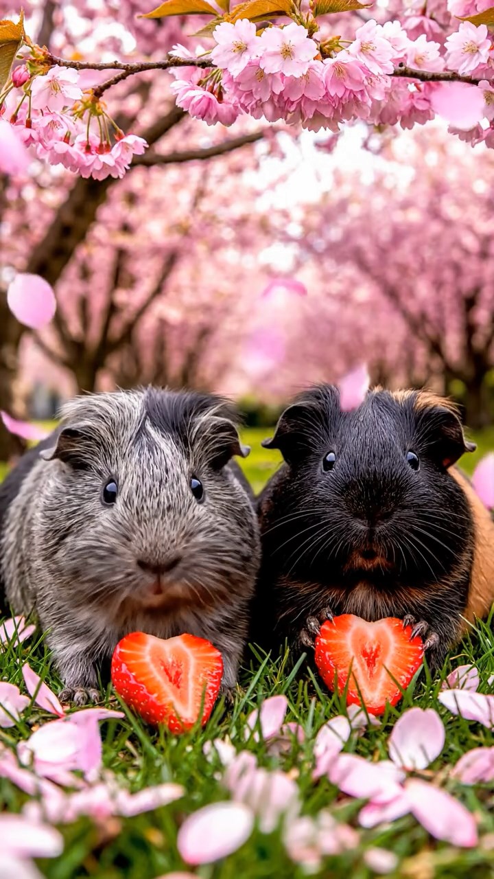 555. Highly detailed view of 5 smooth-haired Himalayan guinea pigs with White, Orange, Gray, Black, and Brown fur, foraging for wild herbs in a lush meadow with wildflowers and a babbling brook, under soft morning light, creating a realistic, serene pastoral scene.