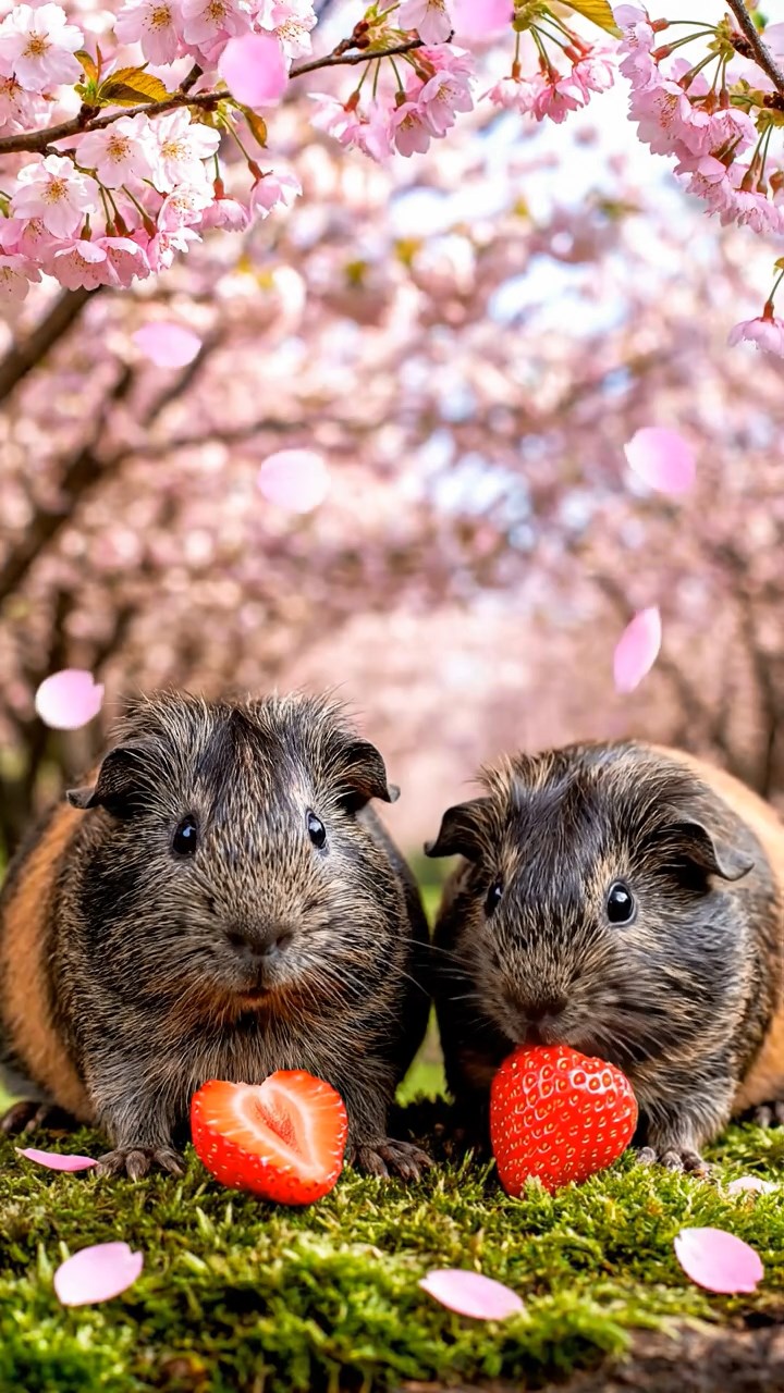555. Highly detailed view of 5 smooth-haired Himalayan guinea pigs with White, Orange, Gray, Black, and Brown fur, foraging for wild herbs in a lush meadow with wildflowers and a babbling brook, under soft morning light, creating a realistic, serene pastoral scene.
