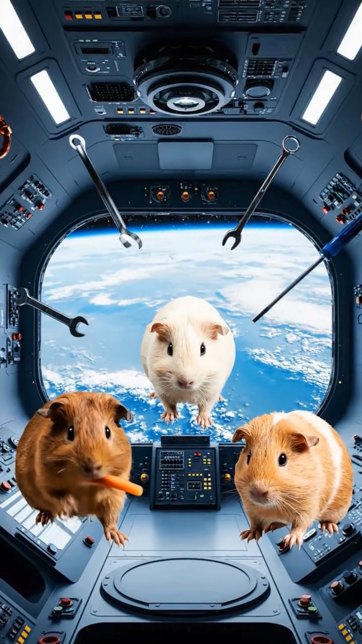 555. Highly detailed view of 5 smooth-haired Himalayan guinea pigs with White, Orange, Gray, Black, and Brown fur, foraging for wild herbs in a lush meadow with wildflowers and a babbling brook, under soft morning light, creating a realistic, serene pastoral scene.