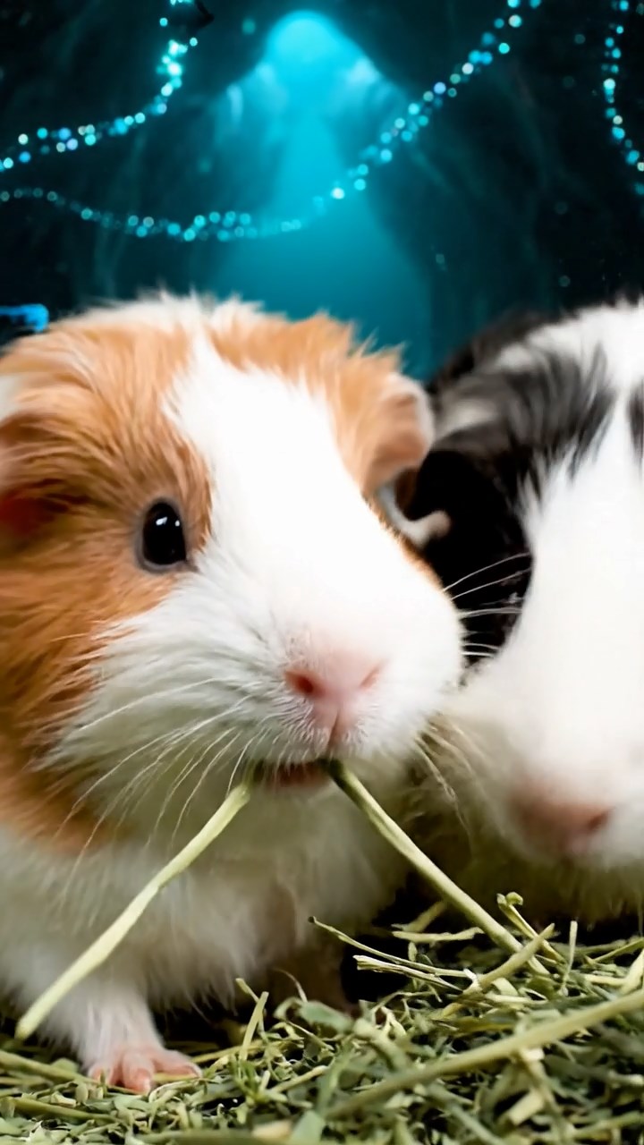 557. Detailed photo of 2 smooth-haired American guinea pigs with Fawn and Sable fur, dressed as bakers in tiny aprons, baking cookies in a guinea pig bakery with hay ovens and wooden counters, under soft lamplight, creating a realistic, cozy culinary scene.