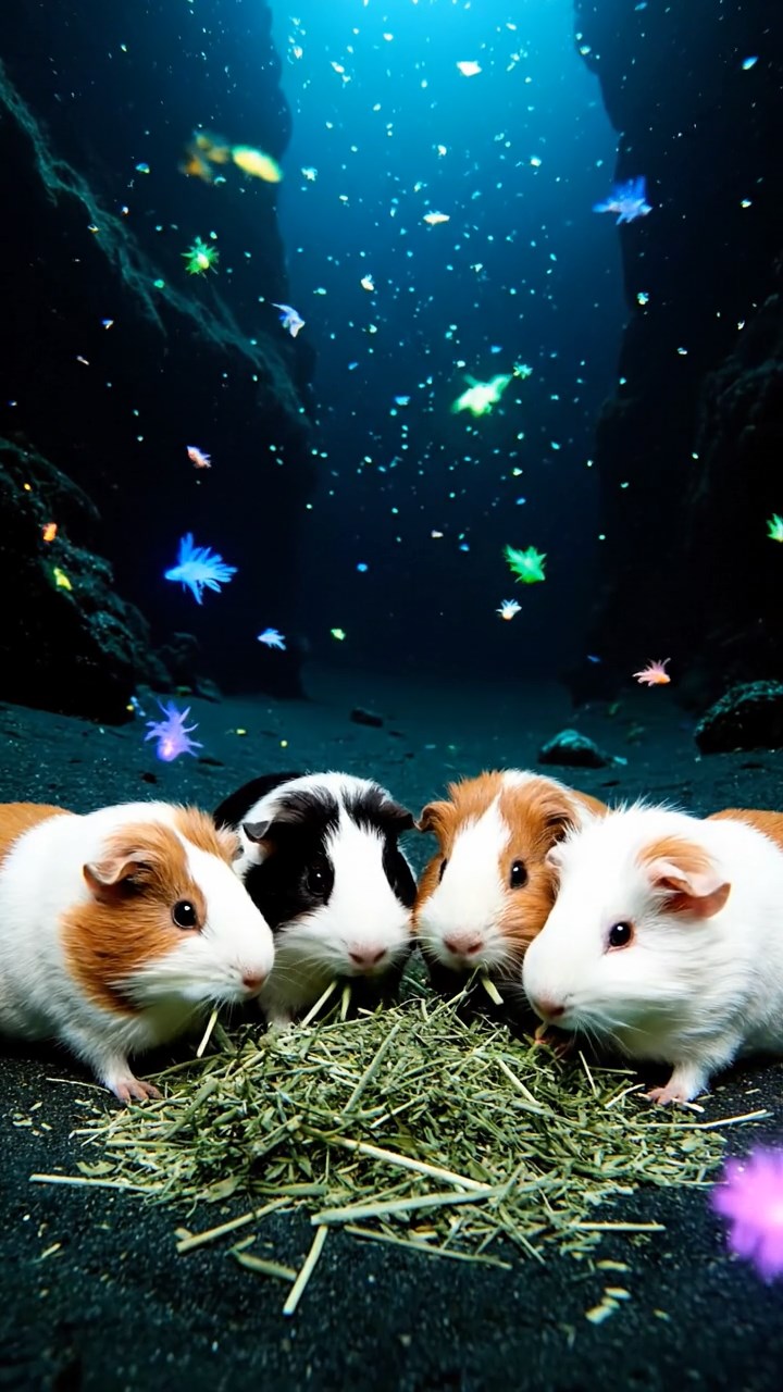 558. Photorealistic scene of 3 smooth-haired Teddy guinea pigs with Chocolate, Cinnamon, and Gray fur, climbing small rocks in a forested glade with soft moss and scattered leaves, under dappled sunlight, enhancing the authentic, adventurous atmosphere.