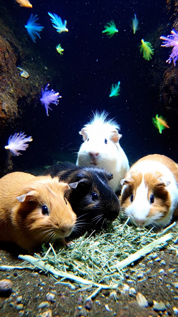 558. Photorealistic scene of 3 smooth-haired Teddy guinea pigs with Chocolate, Cinnamon, and Gray fur, climbing small rocks in a forested glade with soft moss and scattered leaves, under dappled sunlight, enhancing the authentic, adventurous atmosphere.