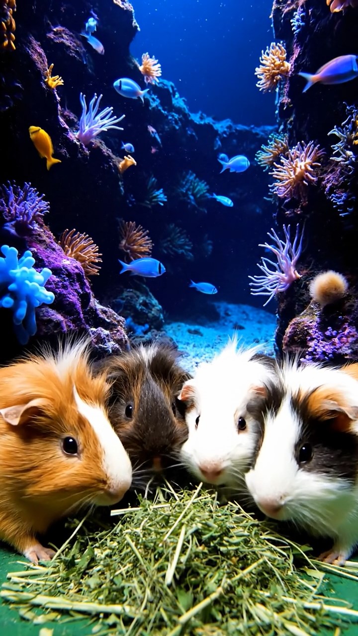 558. Photorealistic scene of 3 smooth-haired Teddy guinea pigs with Chocolate, Cinnamon, and Gray fur, climbing small rocks in a forested glade with soft moss and scattered leaves, under dappled sunlight, enhancing the authentic, adventurous atmosphere.