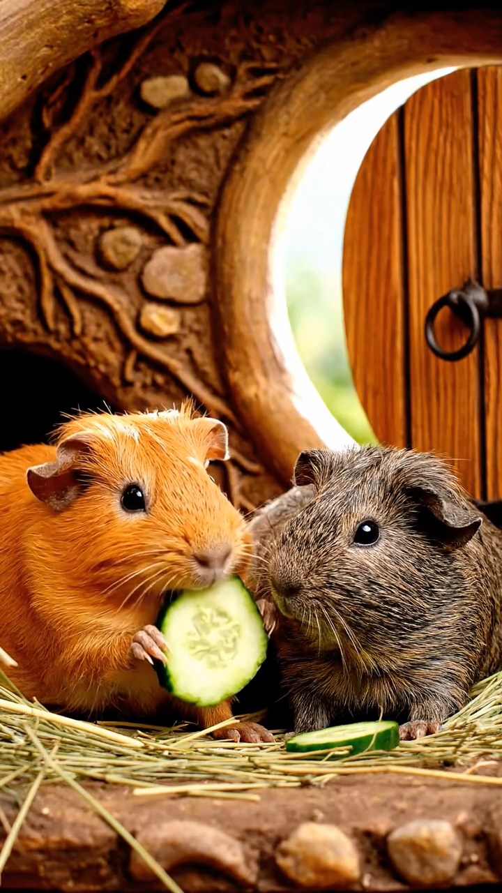 558. Photorealistic scene of 3 smooth-haired Teddy guinea pigs with Chocolate, Cinnamon, and Gray fur, climbing small rocks in a forested glade with soft moss and scattered leaves, under dappled sunlight, enhancing the authentic, adventurous atmosphere.