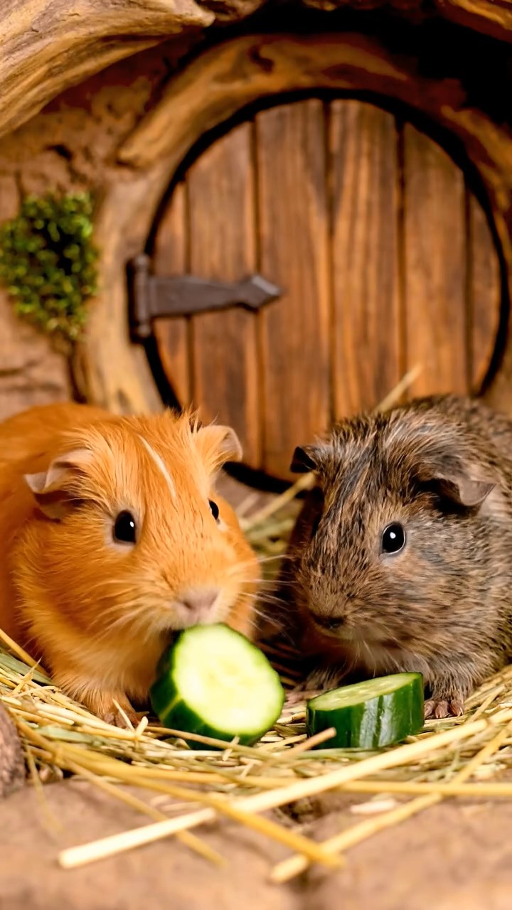 559. Highly detailed view of 4 smooth-haired Himalayan guinea pigs with White, Orange, Black, and Brown fur, dressed as writers in tiny scarves, revising manuscripts in a guinea pig study with miniature books and hay desks, under warm lamplight, creating a vivid, realistic literary scene.