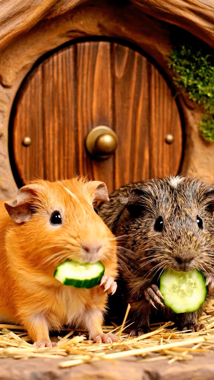 559. Highly detailed view of 4 smooth-haired Himalayan guinea pigs with White, Orange, Black, and Brown fur, dressed as writers in tiny scarves, revising manuscripts in a guinea pig study with miniature books and hay desks, under warm lamplight, creating a vivid, realistic literary scene.