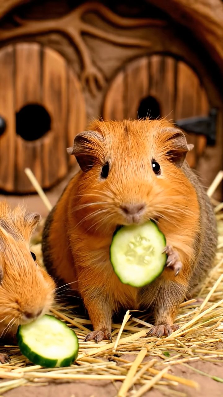 559. Highly detailed view of 4 smooth-haired Himalayan guinea pigs with White, Orange, Black, and Brown fur, dressed as writers in tiny scarves, revising manuscripts in a guinea pig study with miniature books and hay desks, under warm lamplight, creating a vivid, realistic literary scene.