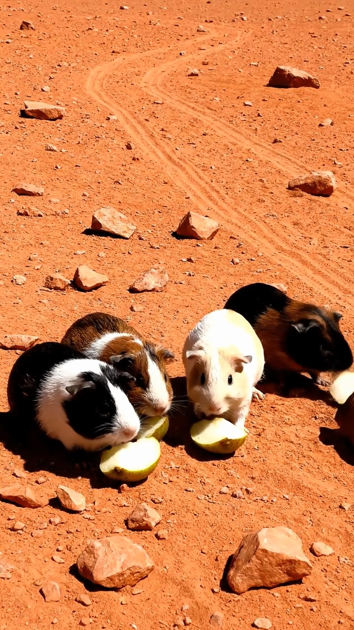 560. Realistic scene of 5 smooth-haired Californian guinea pigs with Cream, Fawn, Sable, Gray, and Cinnamon fur, sleeping in a cozy pile in a lush meadow with wildflowers and a gentle breeze, under golden sunlight, capturing a lifelike, tranquil group moment.
