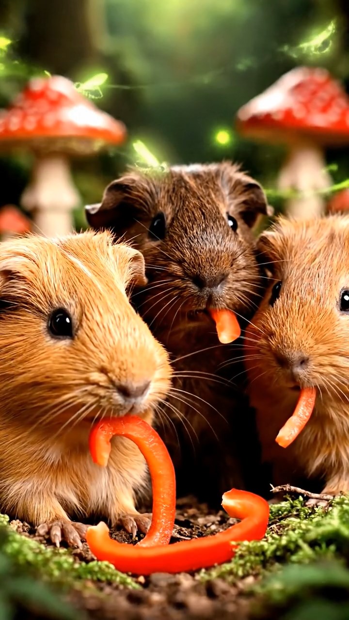 560. Realistic scene of 5 smooth-haired Californian guinea pigs with Cream, Fawn, Sable, Gray, and Cinnamon fur, sleeping in a cozy pile in a lush meadow with wildflowers and a gentle breeze, under golden sunlight, capturing a lifelike, tranquil group moment.