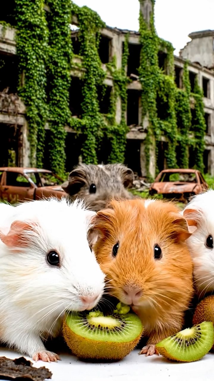 563. Highly detailed view of 3 smooth-haired Himalayan guinea pigs with Gray, Cream, and Brown fur, mating in a secluded grassy clearing surrounded by tall ferns and soft moss, under gentle morning light, creating a realistic, intimate natural scene.