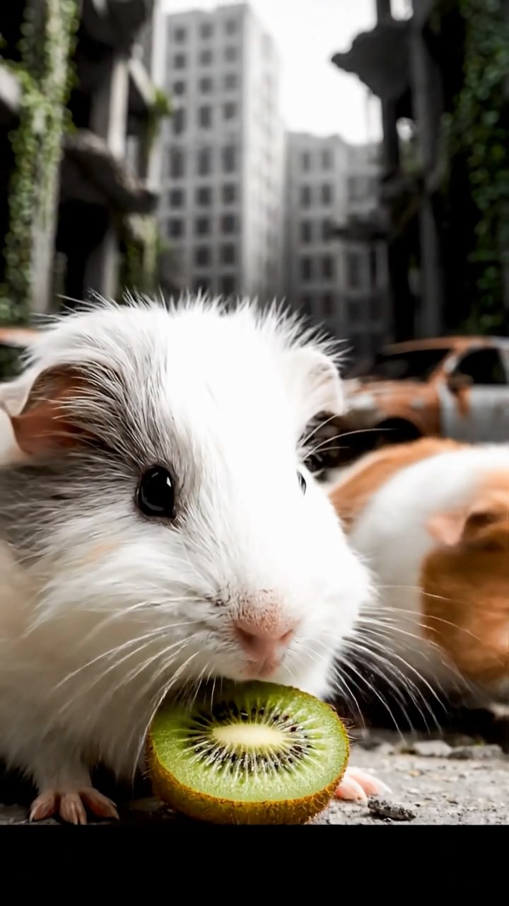 563. Highly detailed view of 3 smooth-haired Himalayan guinea pigs with Gray, Cream, and Brown fur, mating in a secluded grassy clearing surrounded by tall ferns and soft moss, under gentle morning light, creating a realistic, intimate natural scene.