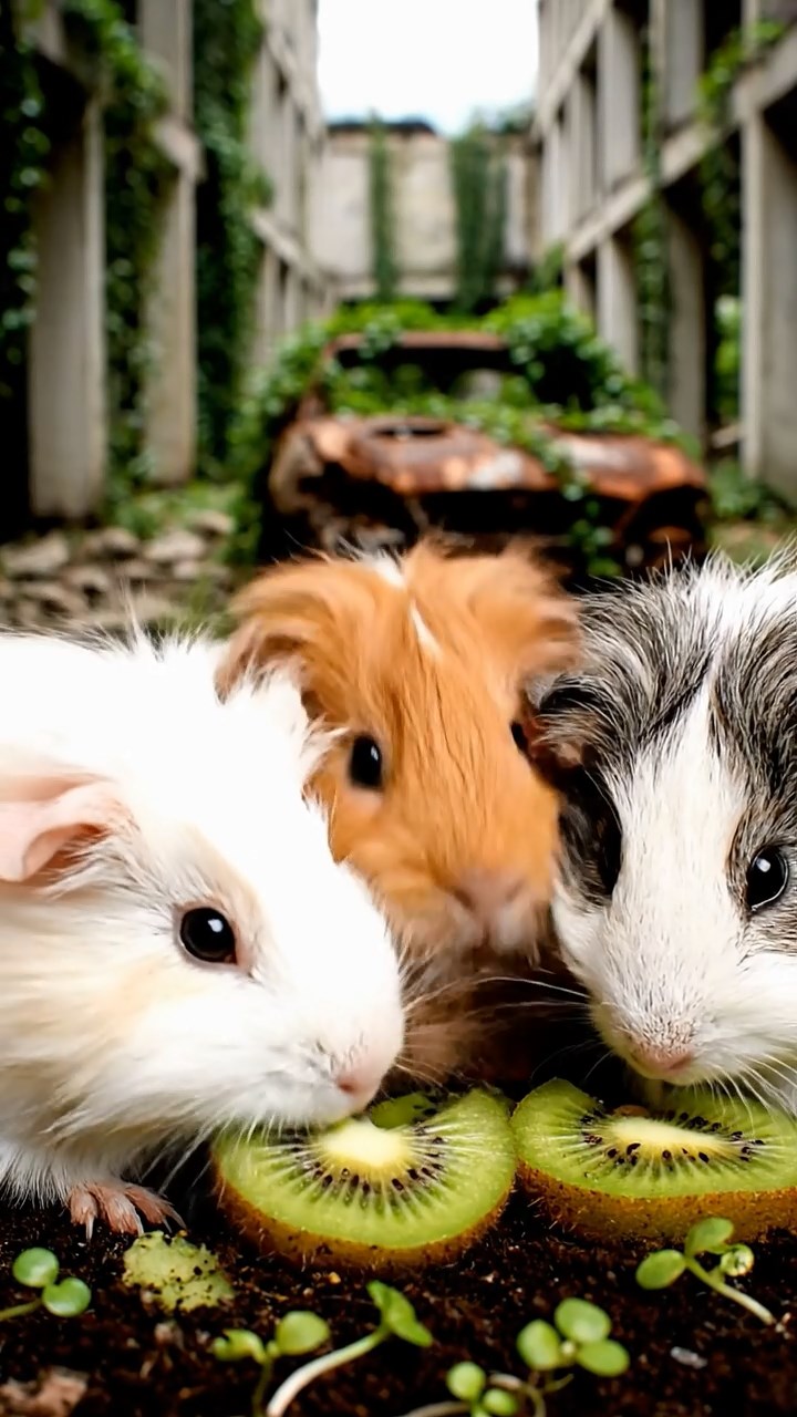 563. Highly detailed view of 3 smooth-haired Himalayan guinea pigs with Gray, Cream, and Brown fur, mating in a secluded grassy clearing surrounded by tall ferns and soft moss, under gentle morning light, creating a realistic, intimate natural scene.
