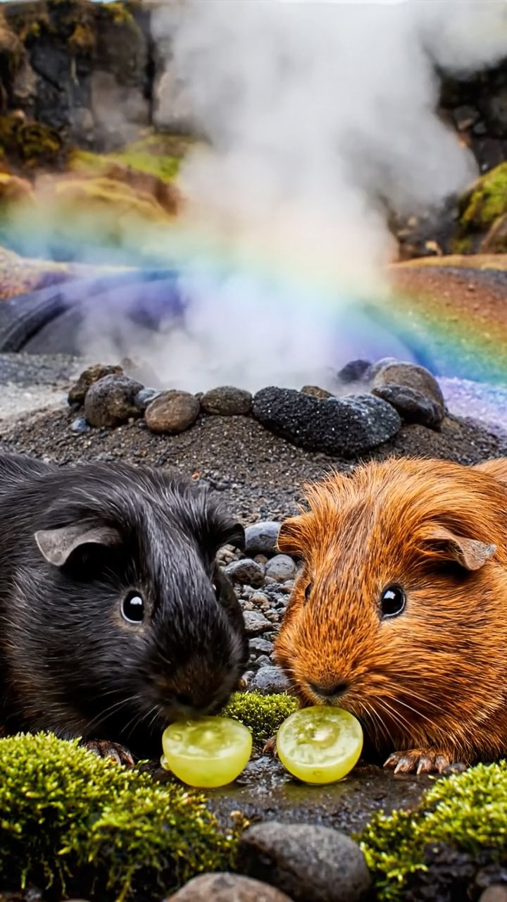 563. Highly detailed view of 3 smooth-haired Himalayan guinea pigs with Gray, Cream, and Brown fur, mating in a secluded grassy clearing surrounded by tall ferns and soft moss, under gentle morning light, creating a realistic, intimate natural scene.