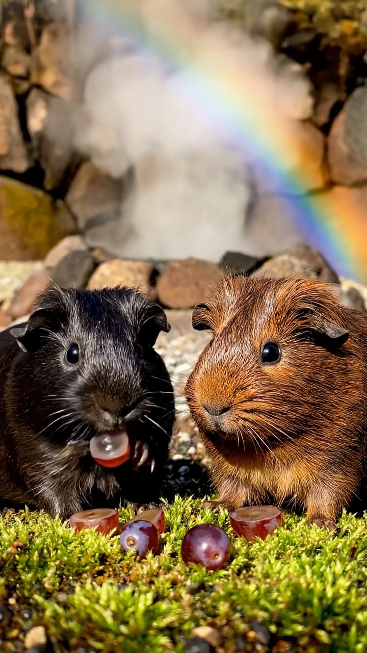 564. Realistic scene of 4 smooth-haired Californian guinea pigs with Fawn, Chocolate, Cinnamon, and Sable fur, dressed as firefighters in tiny uniforms, inspecting a miniature fire truck in a guinea pig village with hay houses, under glowing streetlights, capturing a heroic, lifelike moment.