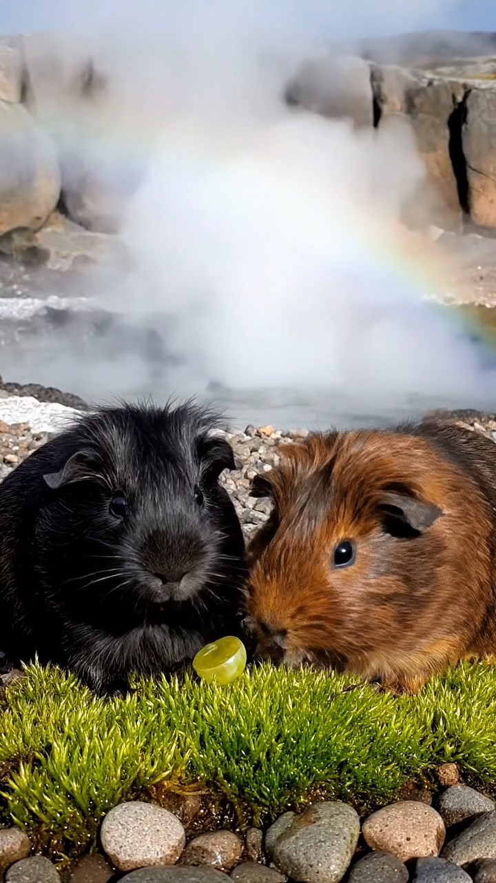 564. Realistic scene of 4 smooth-haired Californian guinea pigs with Fawn, Chocolate, Cinnamon, and Sable fur, dressed as firefighters in tiny uniforms, inspecting a miniature fire truck in a guinea pig village with hay houses, under glowing streetlights, capturing a heroic, lifelike moment.