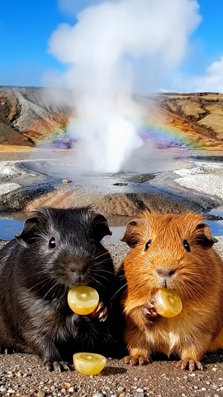 564. Realistic scene of 4 smooth-haired Californian guinea pigs with Fawn, Chocolate, Cinnamon, and Sable fur, dressed as firefighters in tiny uniforms, inspecting a miniature fire truck in a guinea pig village with hay houses, under glowing streetlights, capturing a heroic, lifelike moment.